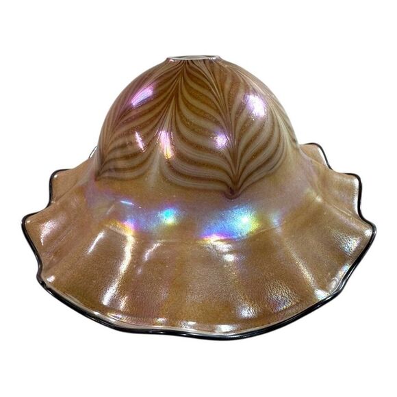 Vintage Large 15" Iridescent Pulled Feather Art Glass Lamp Shade Ruffled Edges - Picture 9 of 11